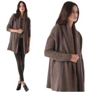 Vince Brown Wool Yak Alpaca Cashmere Leather Trim Open Cardigan Sweater‎ Coat XS